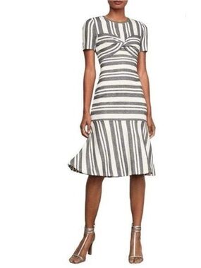 BCBGMaxAzria Cream and Gray Striped Knot-Front Midi Dress